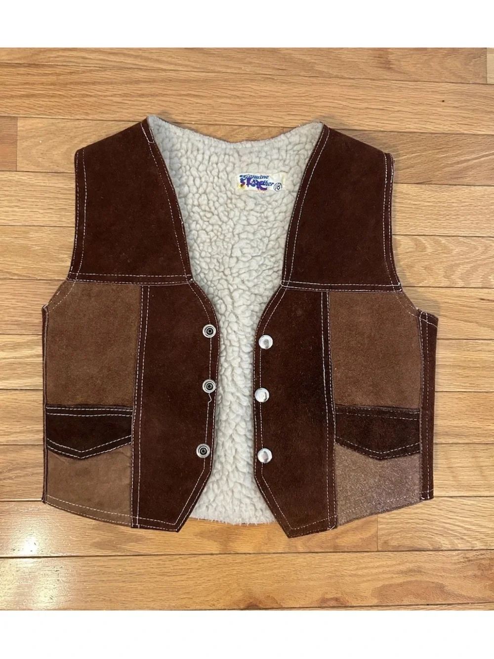 Vintage 70s Kids Suede Leather Sherpa Vest Western Patchwork Mexico Sz 18 M/L